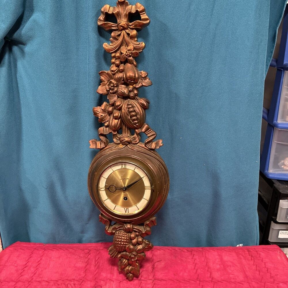 Vintage Syroco Gilded Carved Wall Clock 8 Day/Jeweled Syracuse Ornamental Co USA